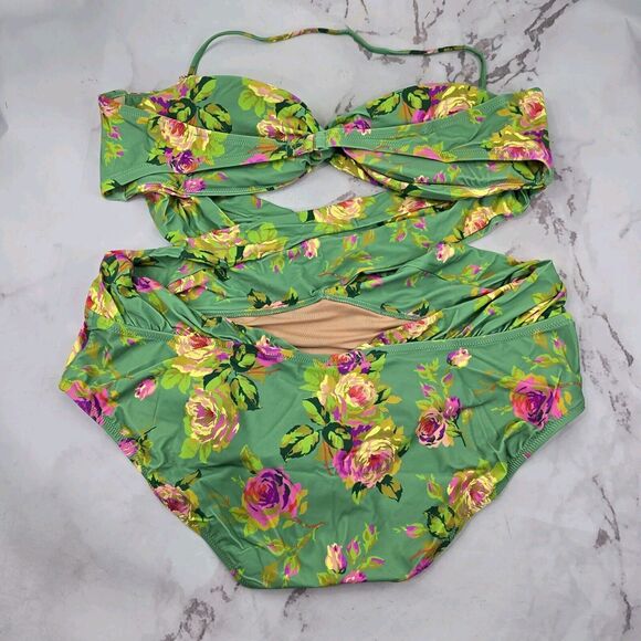 J Crew One Piece Green Criss Cross Cut Out Green Bikini Swim Suit Floral - Picture 5 of 14